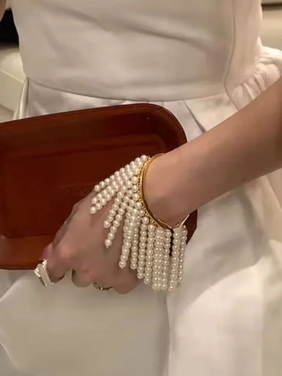 Anthropologie Gold Cuff Pearl Fringe Bracelet - White Pearls - Picture 3 of 6